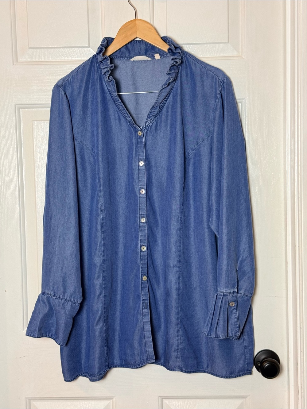 Soft Surroundings Denim-Style Ruffle Collar Button-Down shirt in Blue